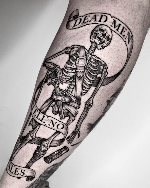 Skeleton with gun attached and wrapped in banner that reads Dead men tell no stories
