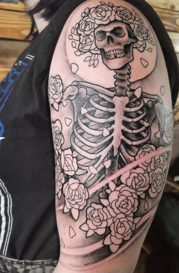 Skeleton with roses linework