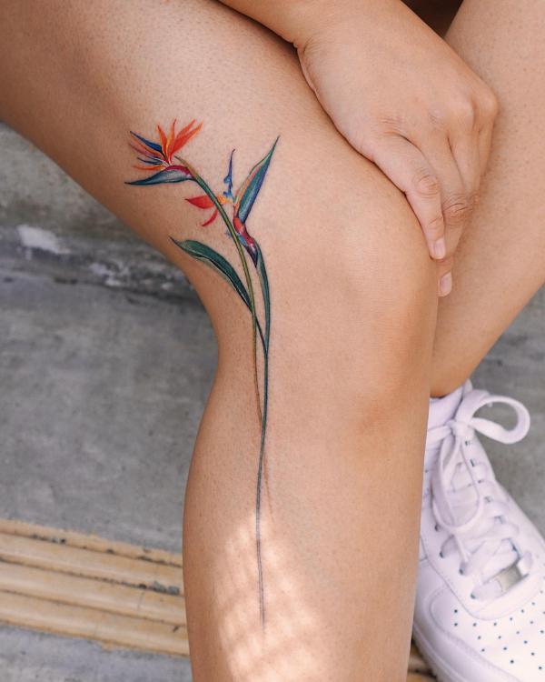 Small bird of paradise leg tattoo