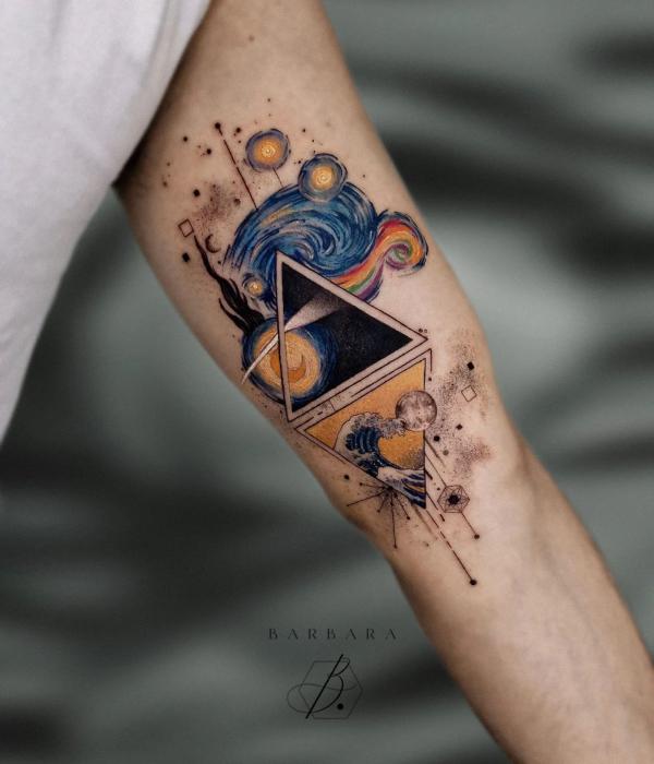 Starry night and Great Wave arm tattoo