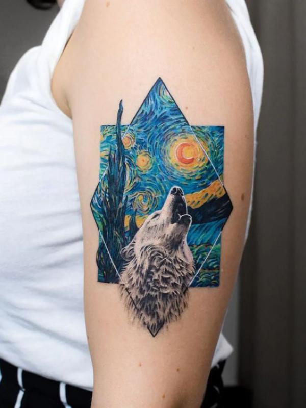 Starry night and wolf tattoo sleeve