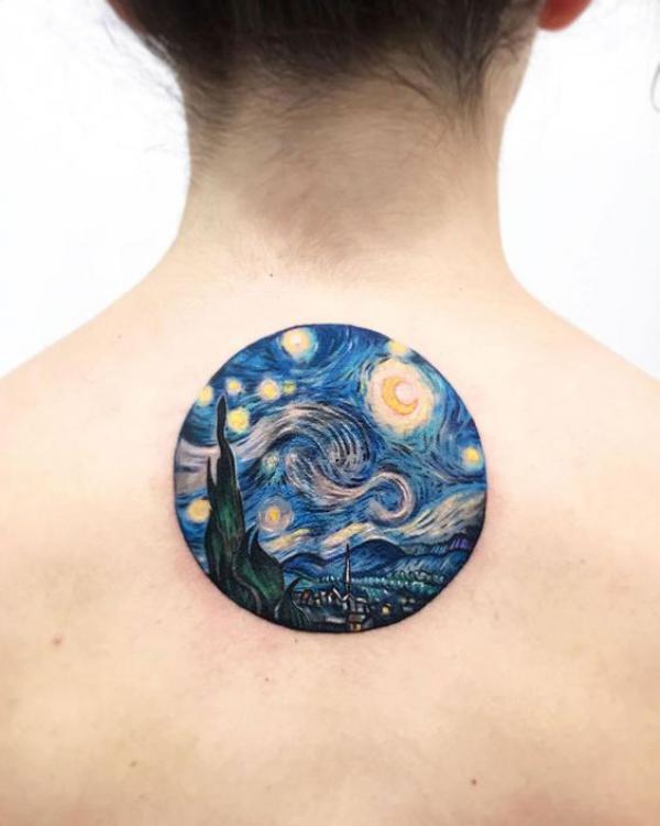 Starry night circle tattoo on back