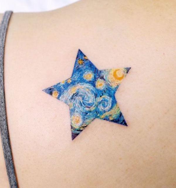 Starry night five pointed star tattoo
