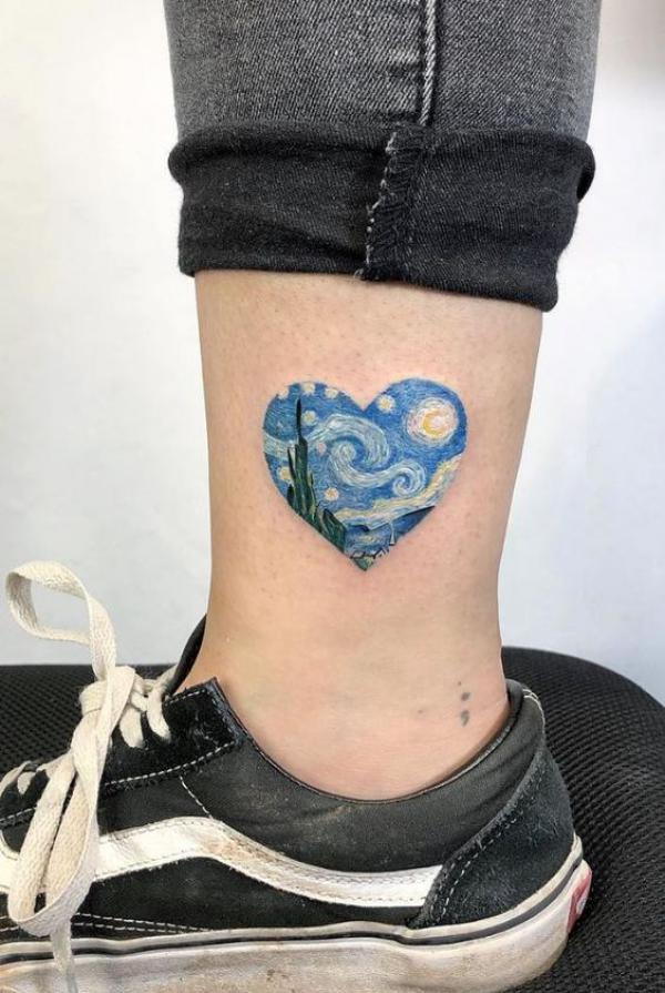 Starry night heart ankle tattoo