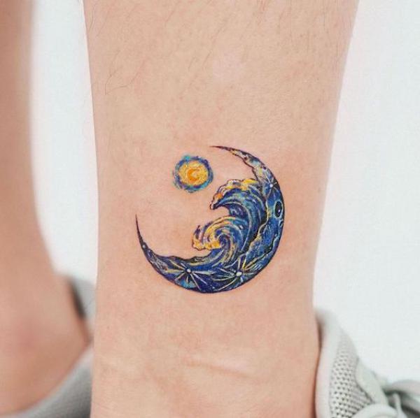 Starry night sun and crescent moon with wave