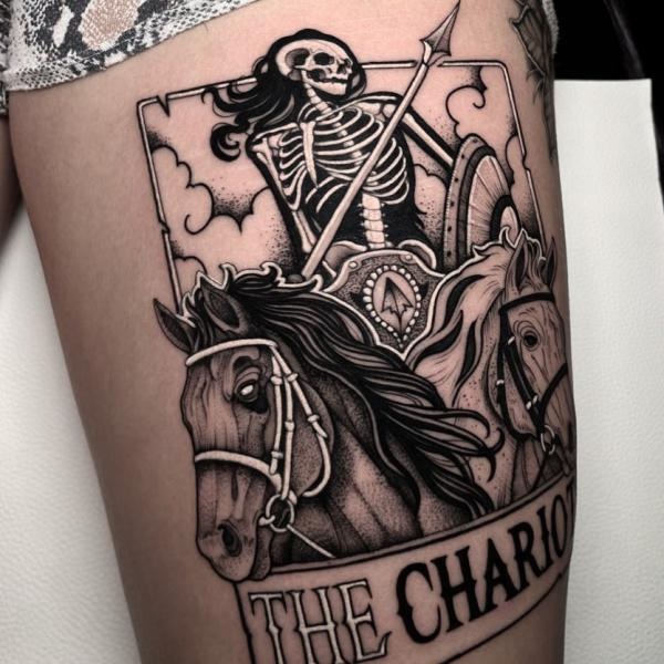 Traditional black ink of a skeleton warrior riding a horse with a spear