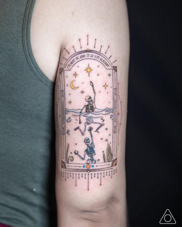 Two skeletons in water under moon and stars