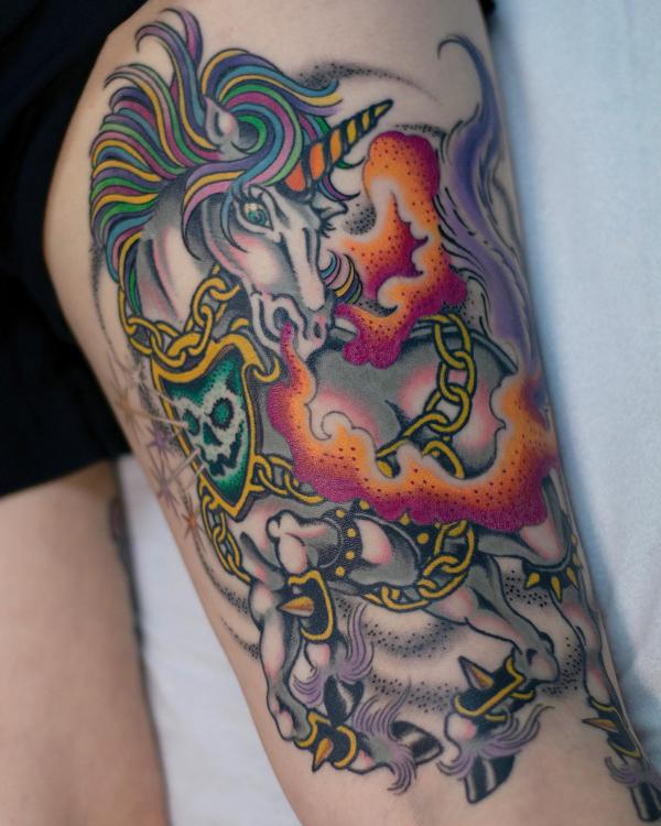 Unicorn breaking free from chains of demon