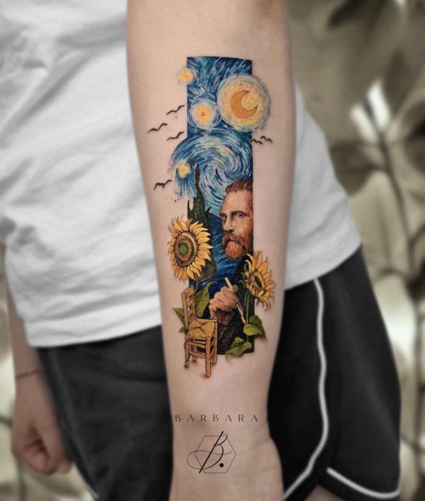 Vincent Van Gogh paintings sunflowers chair and Starry night rectangular tattoo