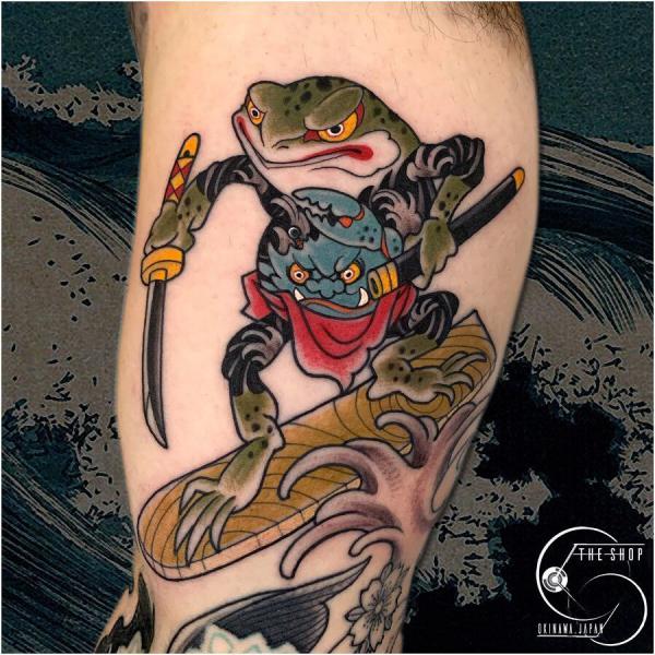 Warrior frog holding a sword tattoo