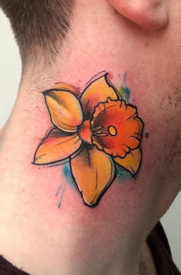 Watercolor daffodil neck tattoo for men
