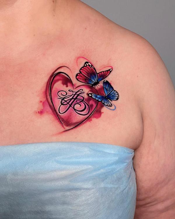 Watercolor heart with two butterflies