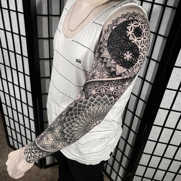 Yin Yang flower of life and mandala full sleeve tattoo
