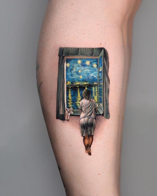 Young Woman at a Window in Starry night