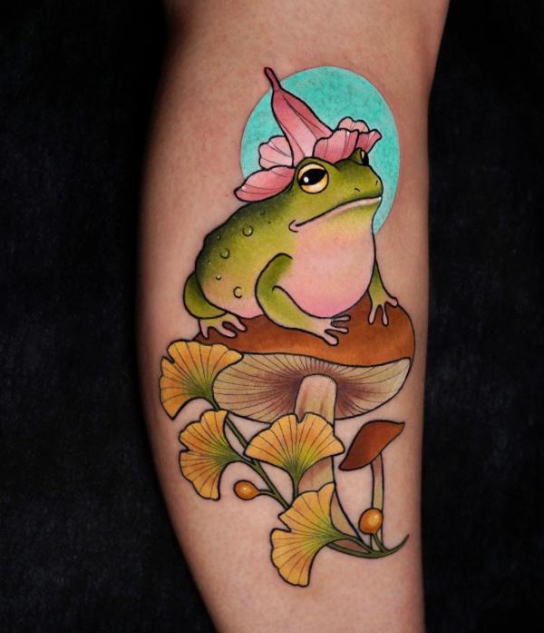 frog with flower hat tattoo