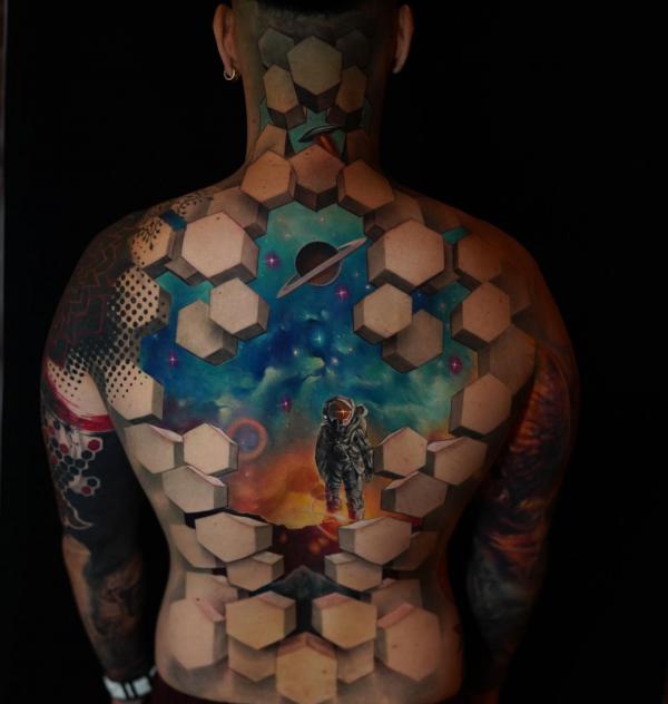 3D hexagonal prisms and galaxy back tattoo