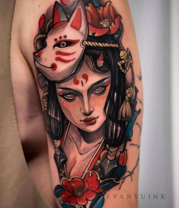 A female with Kitsune mask