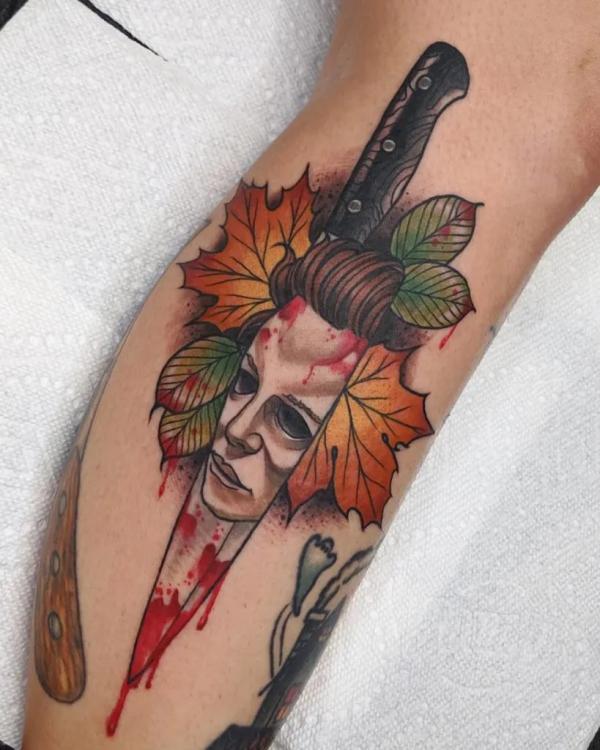 A knife pierced Michael Myers with blood