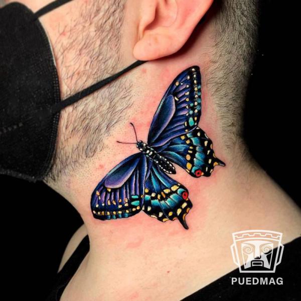 A large butterfly side neck tattoo for men