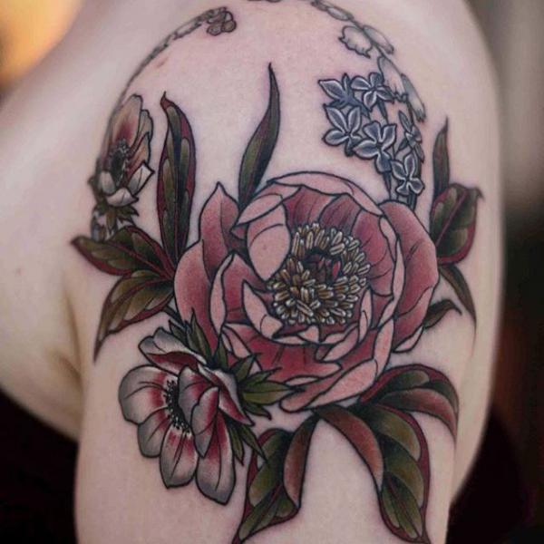 Anemone peony lily of the valley lilac shoulder tattoo