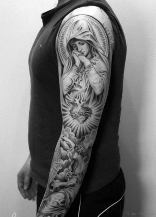 Black and grey mother Mary and immaculate heart tattoo sleeve