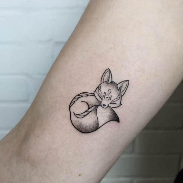 Black and grey kitsune tattoo