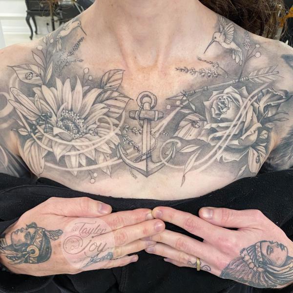 Black and grey sunflower and rose with anchor tattoo