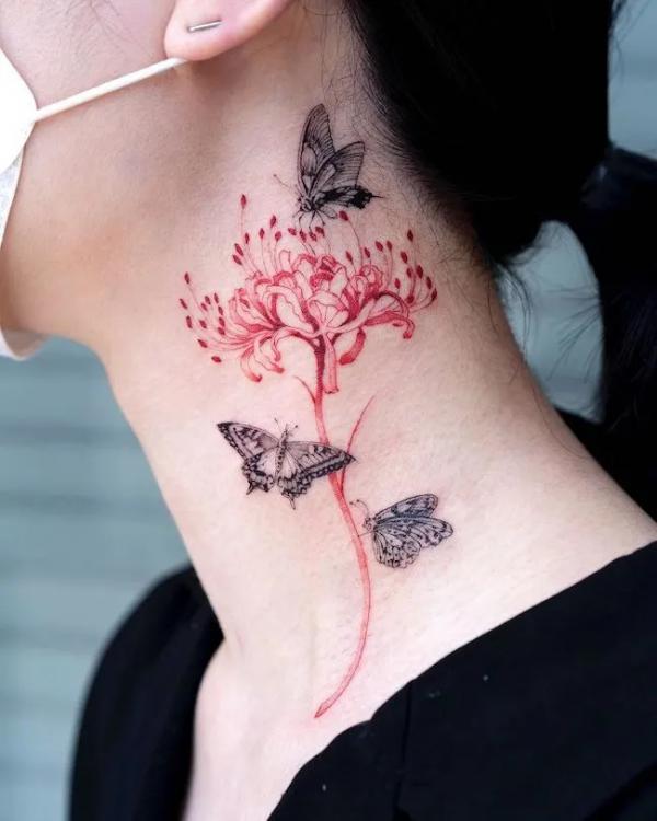 Butterfly and Lycoris neck tattoo