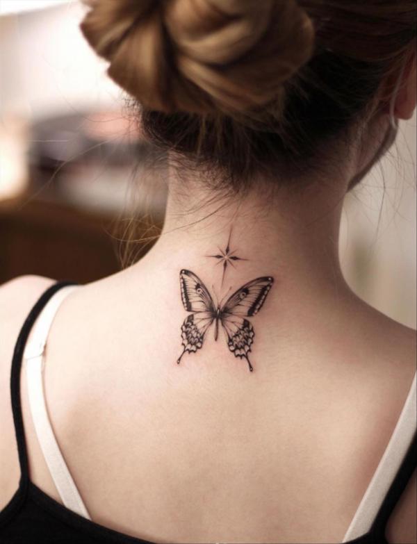Butterfly and star neck tattoo