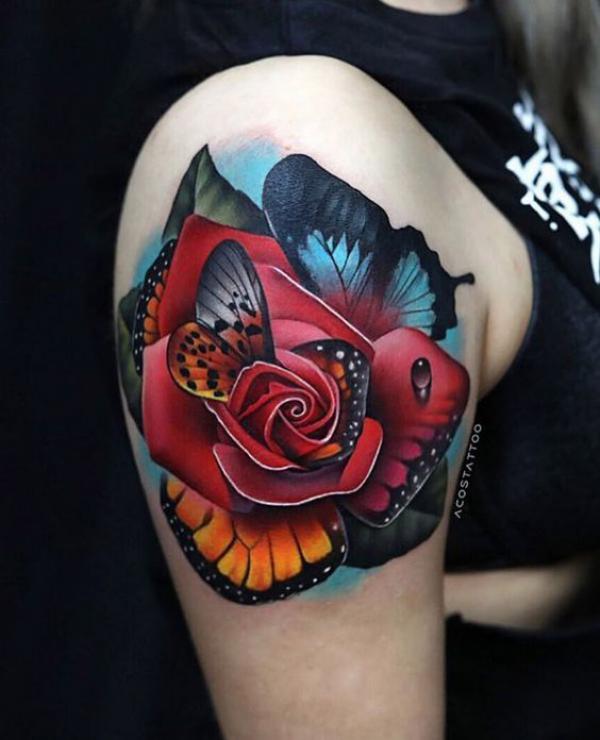 Butterfly rose shoulder tattoo
