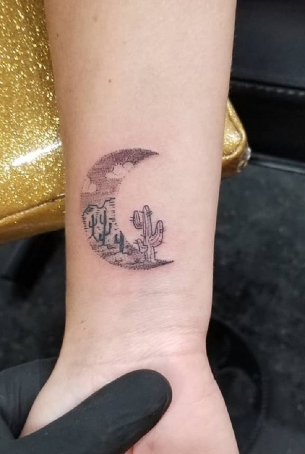 Cactus and Moon Tattoo