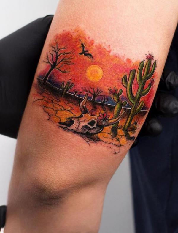 Cactus and bull skull tattoo