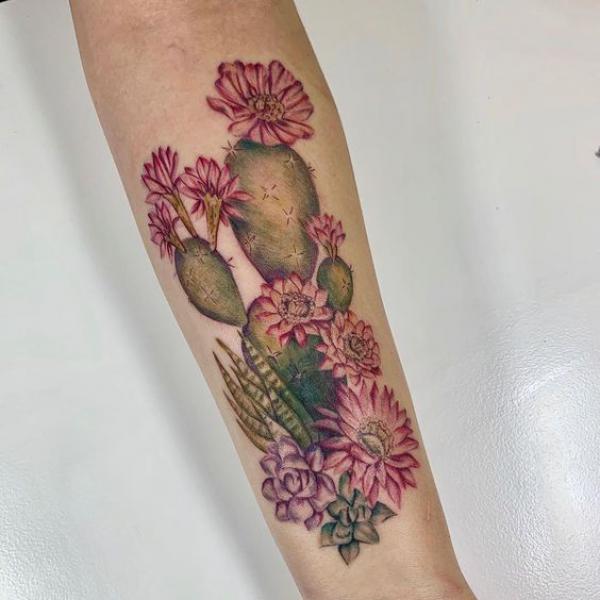 Cactus and flower forearm tattoo