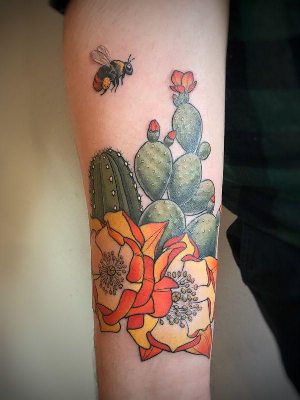Cactus and flower with bee tattoo