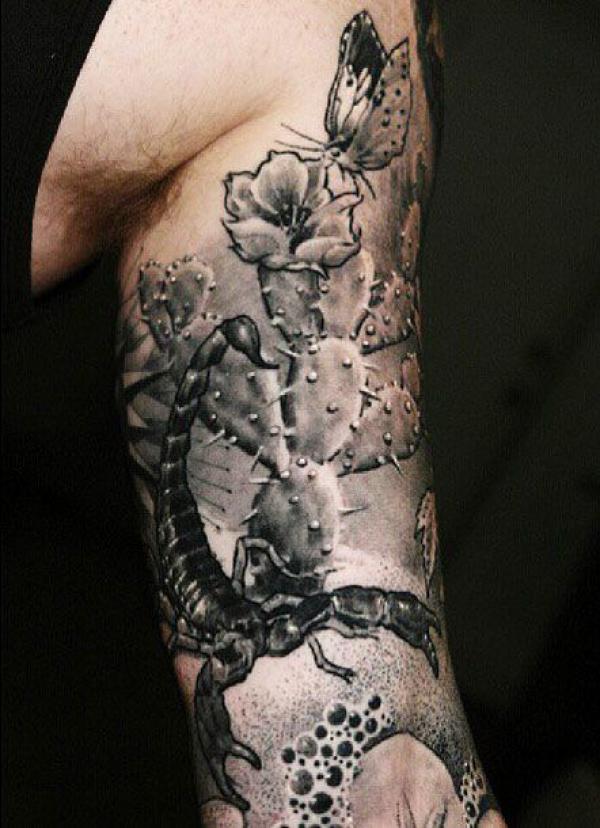 Cactus and scorpion tattoo black and grey