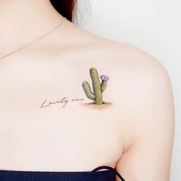 Cactus clavicle tattoo with words Lovely one