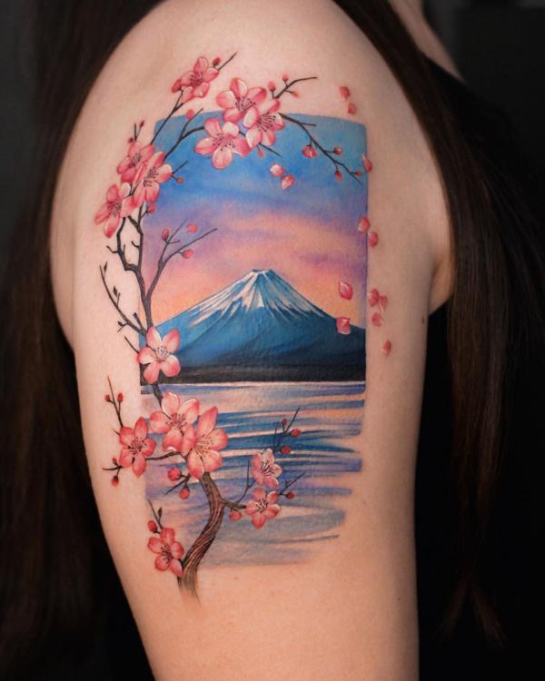 Cherry blossom and Mount Fuji tattoo