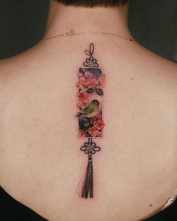 Cherry blossom and bird rectangular tattoo with tassel