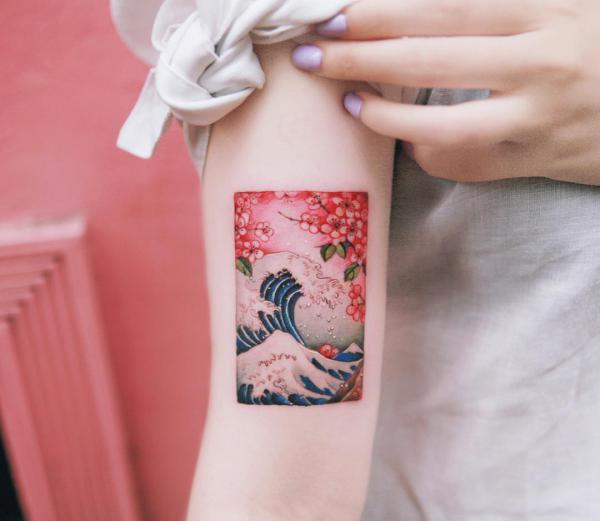 Cherry blossom and great wave rectangular tattoo