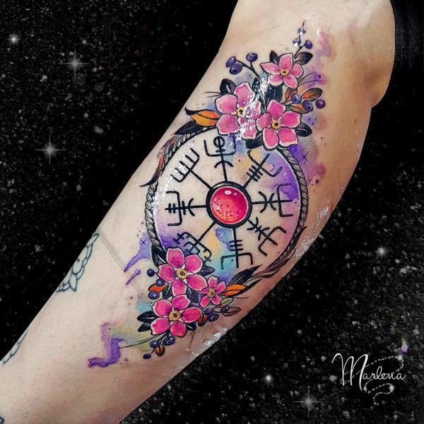 Cherry blossom and rune compass tattoo