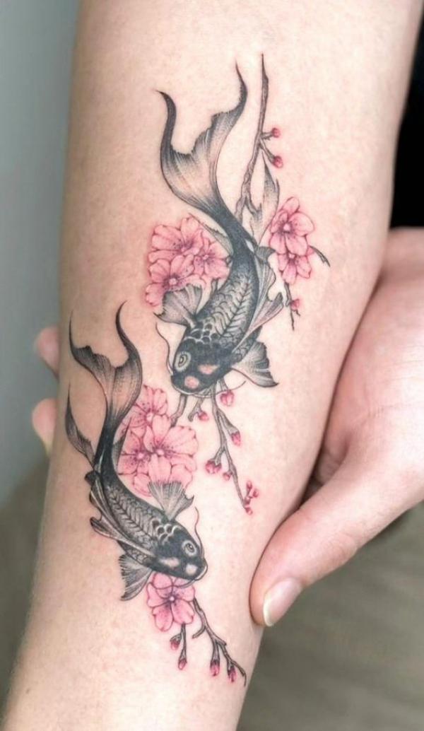 Cherry blossom and two gold fish tattoo
