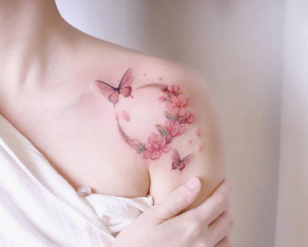 Cherry blossom crescent moon with butterflies shoulder tattoo