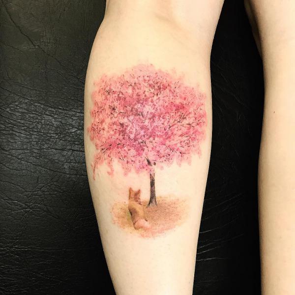 Cherry blossom tree and wolf