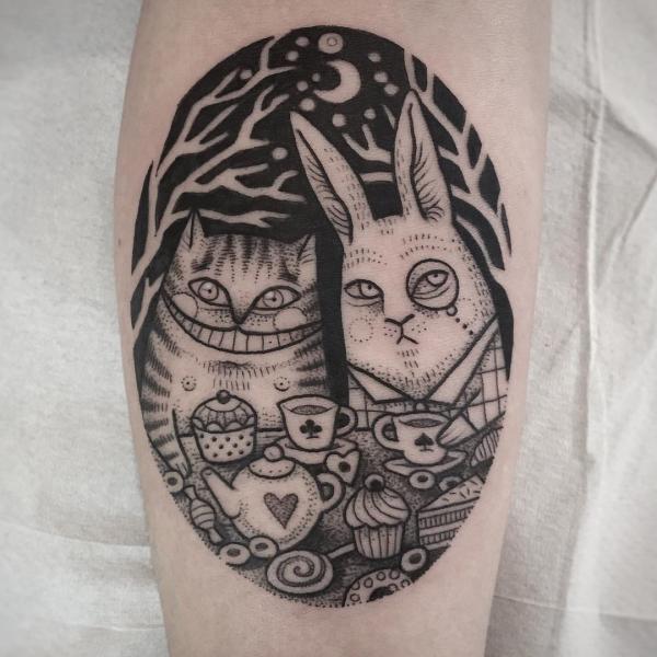 Cheshire Cat and white rabbit dotwork