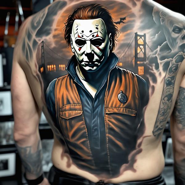 Colored Michael Myers back tattoo