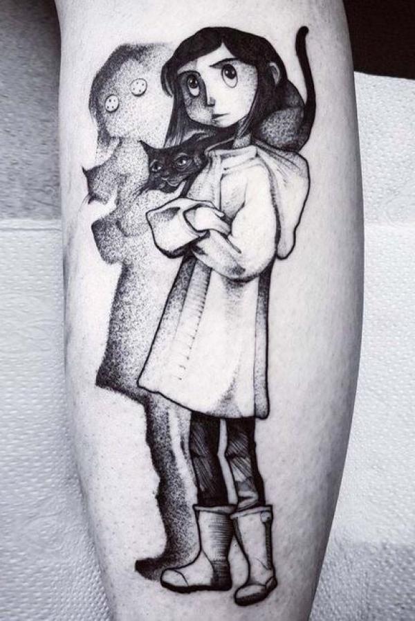 Coraline and her mirror image dotwork tattoo