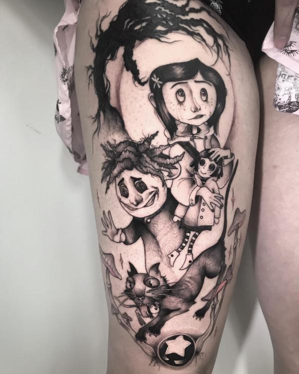Coraline and wybie tattoo thigh