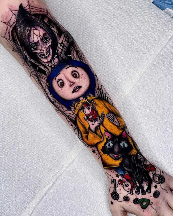 Coraline black cat and other mother forearm tattoo