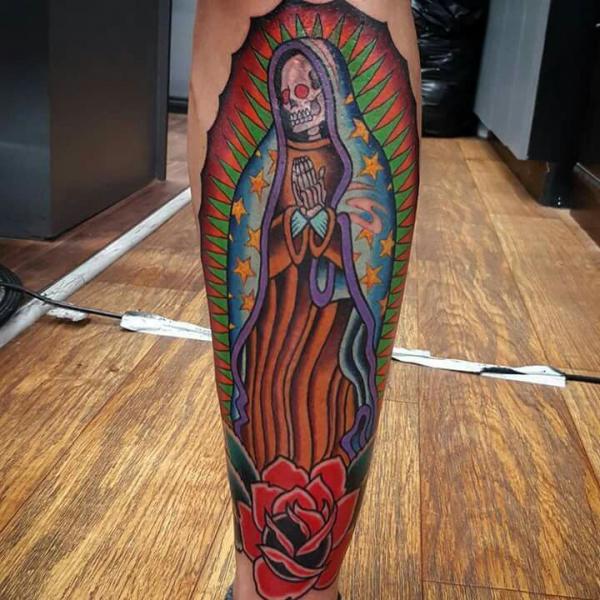 Day of the dead Virgin Mary leg tattoo