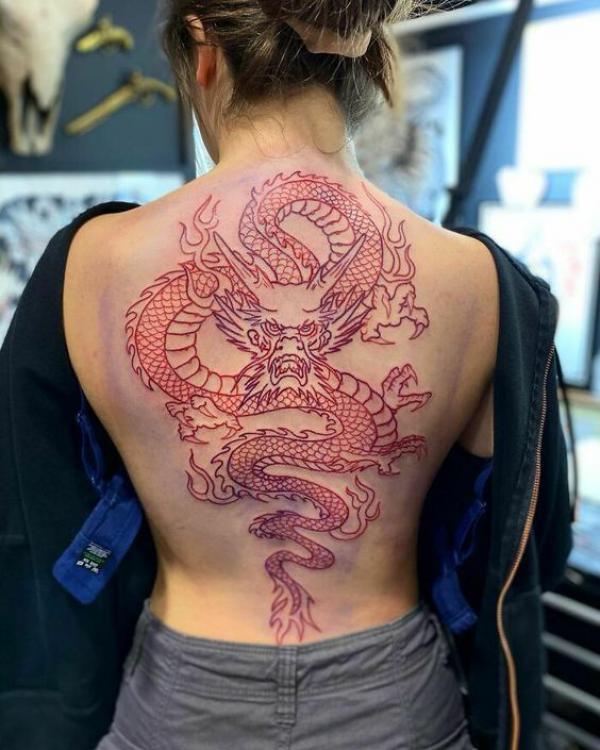 Fine line red dragon full back tattoo